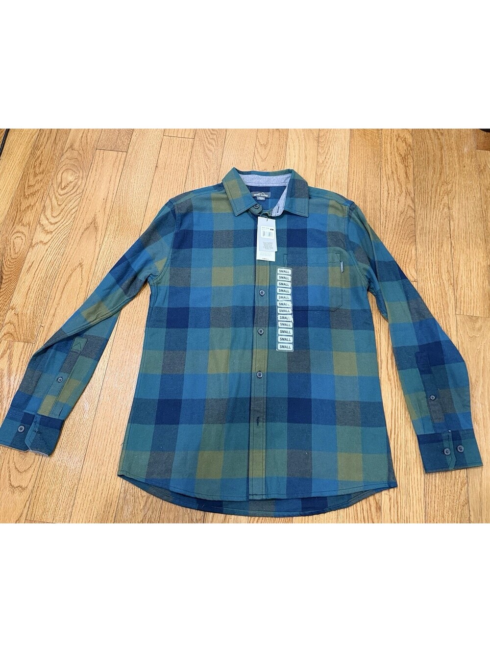 Size S Eddie Bauer Bristol Mens  Blue Green Plaid Flannel Long Sleeve Shirt NWT